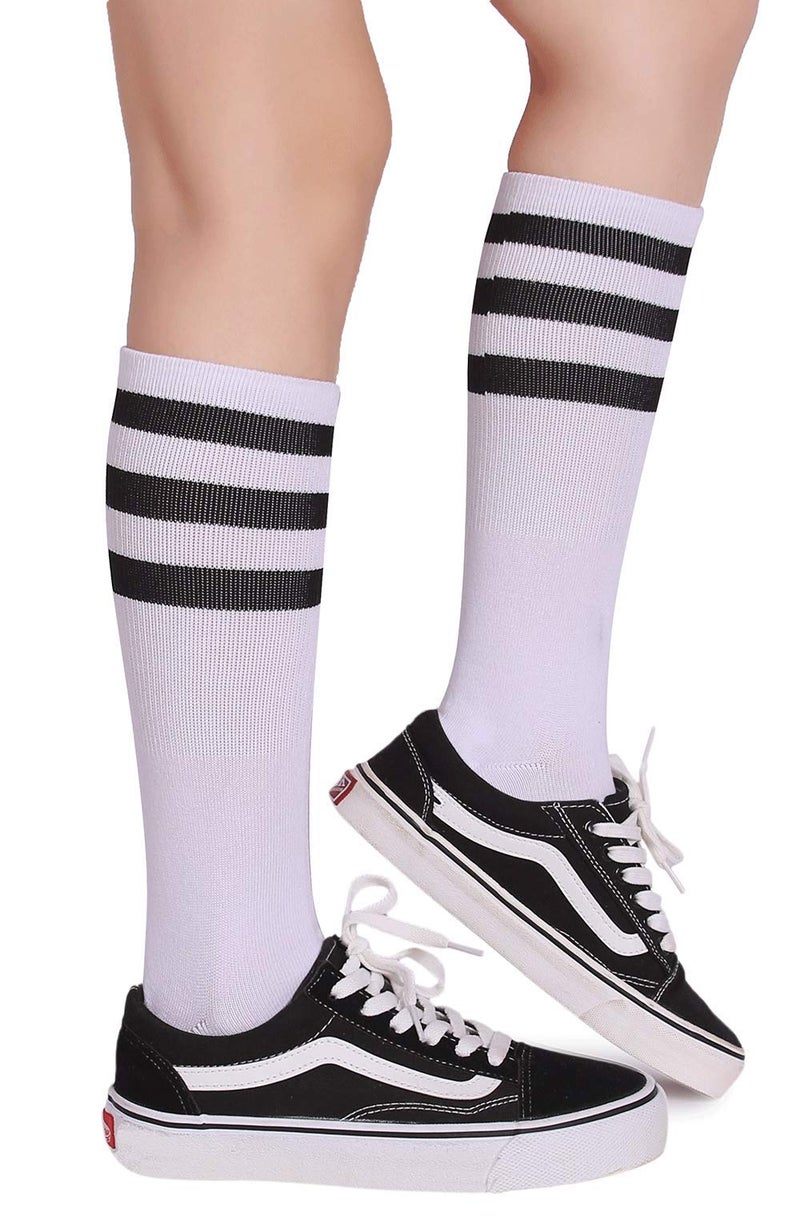 Pareberry Classic Triple Stripes Soft Cotton On the Calf Retro White Tube Socks (A-pair(White/Black)) - Image 3